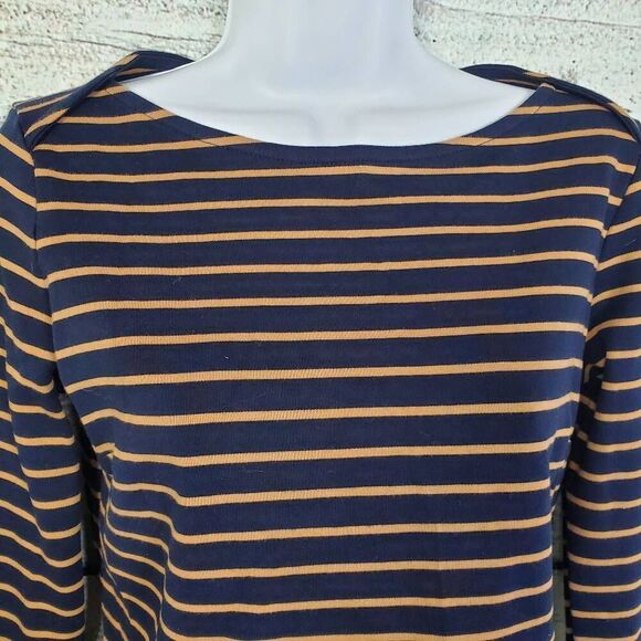 Talbots Navy & Mustard Stripe Tee Size Small Long Sleeve 100% Cotton - Picture 2 of 5